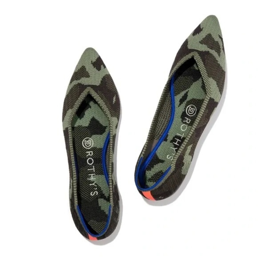 Rothy's The Point ballet flats in an olive green camouflage print 8.5